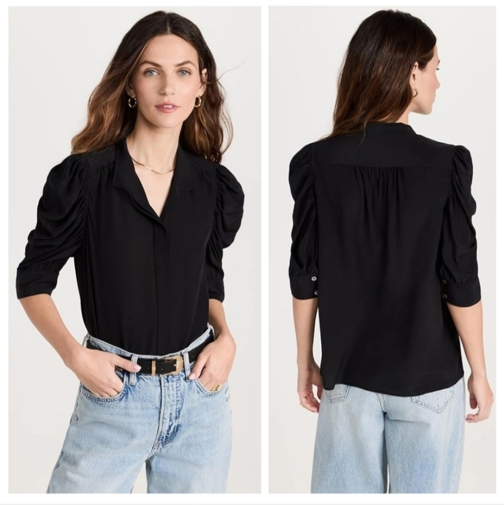Frame Gillian Puff Sleeve Silk Top 3/4 Sleeve Button Up Black Small - Picture 5 of 15